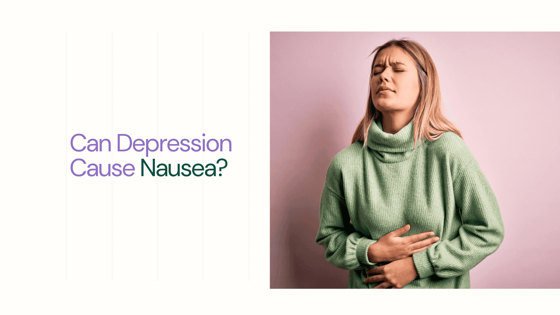  woman wearing winter wool sweater over pink background with hand on stomach because nausea  - Mave Health