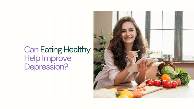 A lady with big simple with healthy foods and Veg on table checking a list of foods which are good for mental health