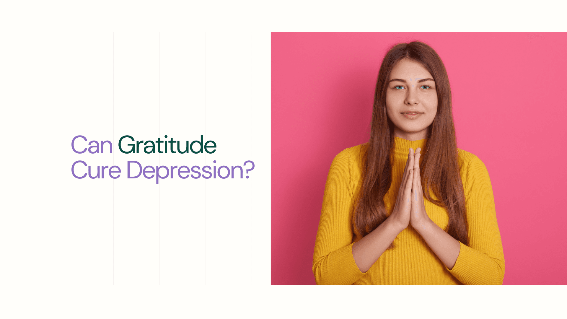 Indoor shot of calm Caucasian lady standing with palms together in front of her chest - showing gratitude towards everything