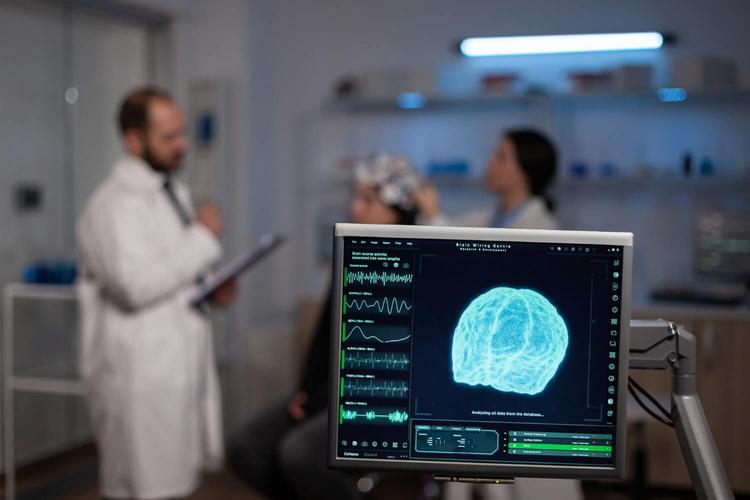 Neuroscience doctor holding clipboard showing neurofeedback treatment against brain disease to patient with eeg headset.