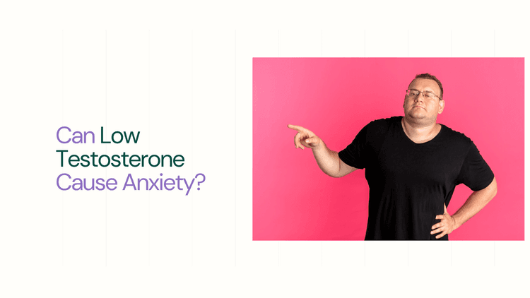 Overweight man in glasses wearing black t-shirt pointing with index finger over Can Low Testosterone Cause Anxiety?​ board 